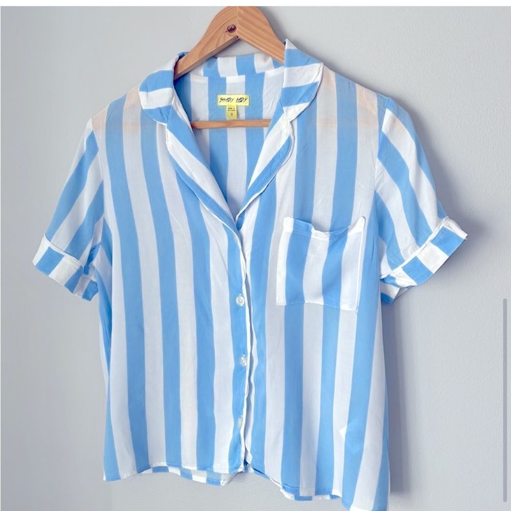 NWOT SHADY LADY SHORT SLEEVE PAJAMA/ LOUNGE TOP BLUE/WHITE STRIPES SIZE LARGE - Picture 5 of 16